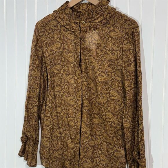 Soft Surroundings Blouse L NWT Brown Gold Paisley Ruffle Collar Long Sleeve Boho - Picture 3 of 8